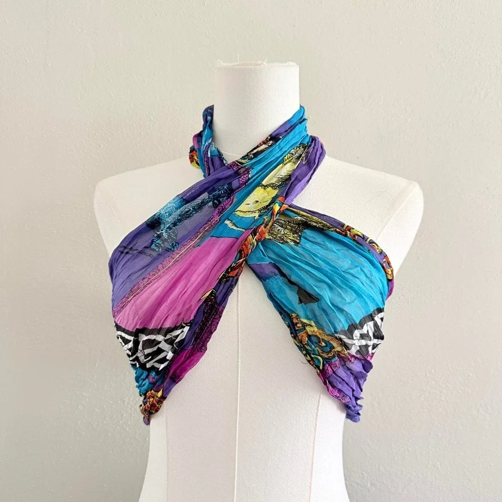 Vintage Women's Rayon Crinkle Scarf Wrap Shawl Blue Purple Abstract Artsy Boho